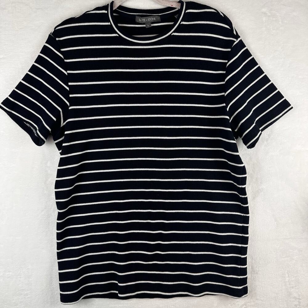 Slate & Stone Men’s L Navy White Striped Waffle Knit T-Shirt Cotton Stretch